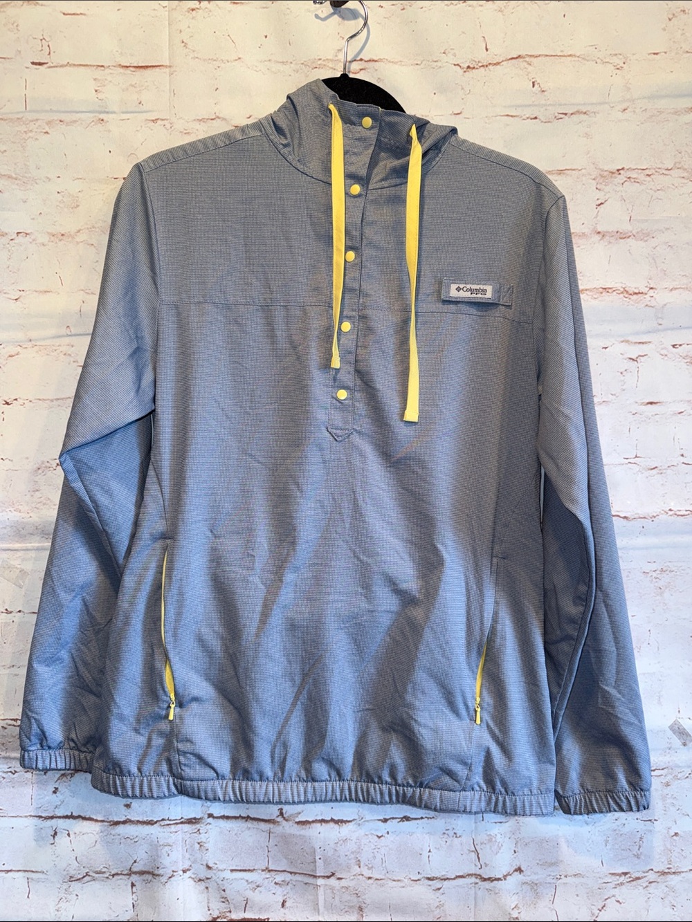 Womens Columbia PFG Blue Pullover Windbreaker Yellow Tamiami hooded jacket XS